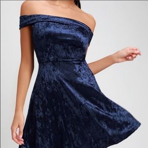 NWT LULU’S BLUE VELVET OFF SHOULDER SKATER DRESS